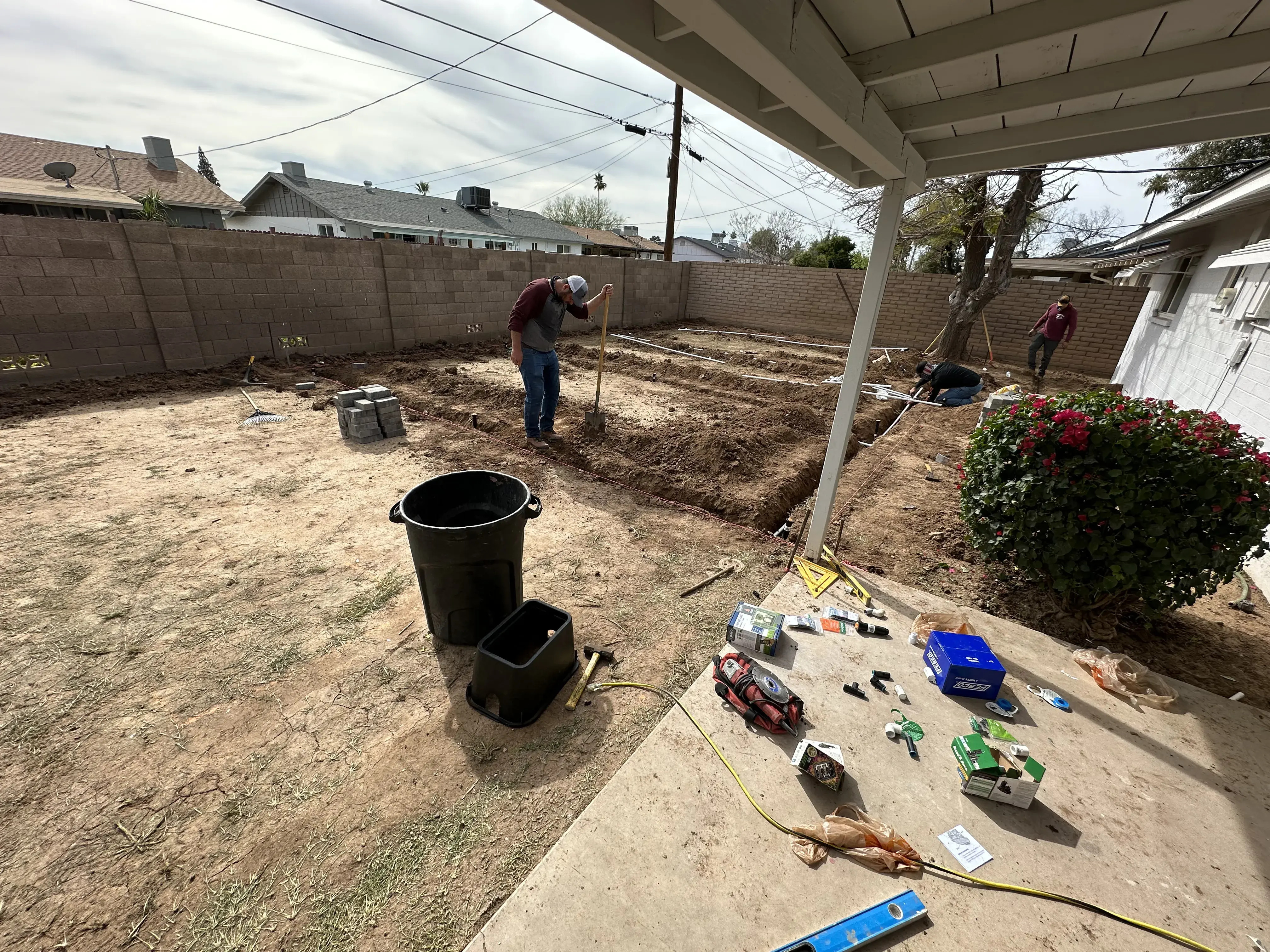 Before: Back yard renovation with gravel pathway pavers and sod grass with full sprinkler system installation